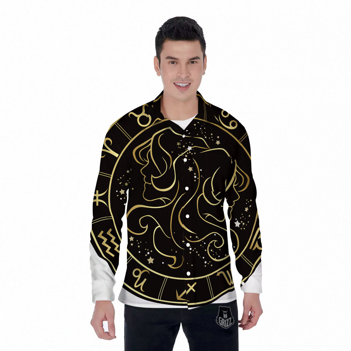 Gemini Sign Black And Gold Print Men's Long Sleeve Shirts-grizzshop
