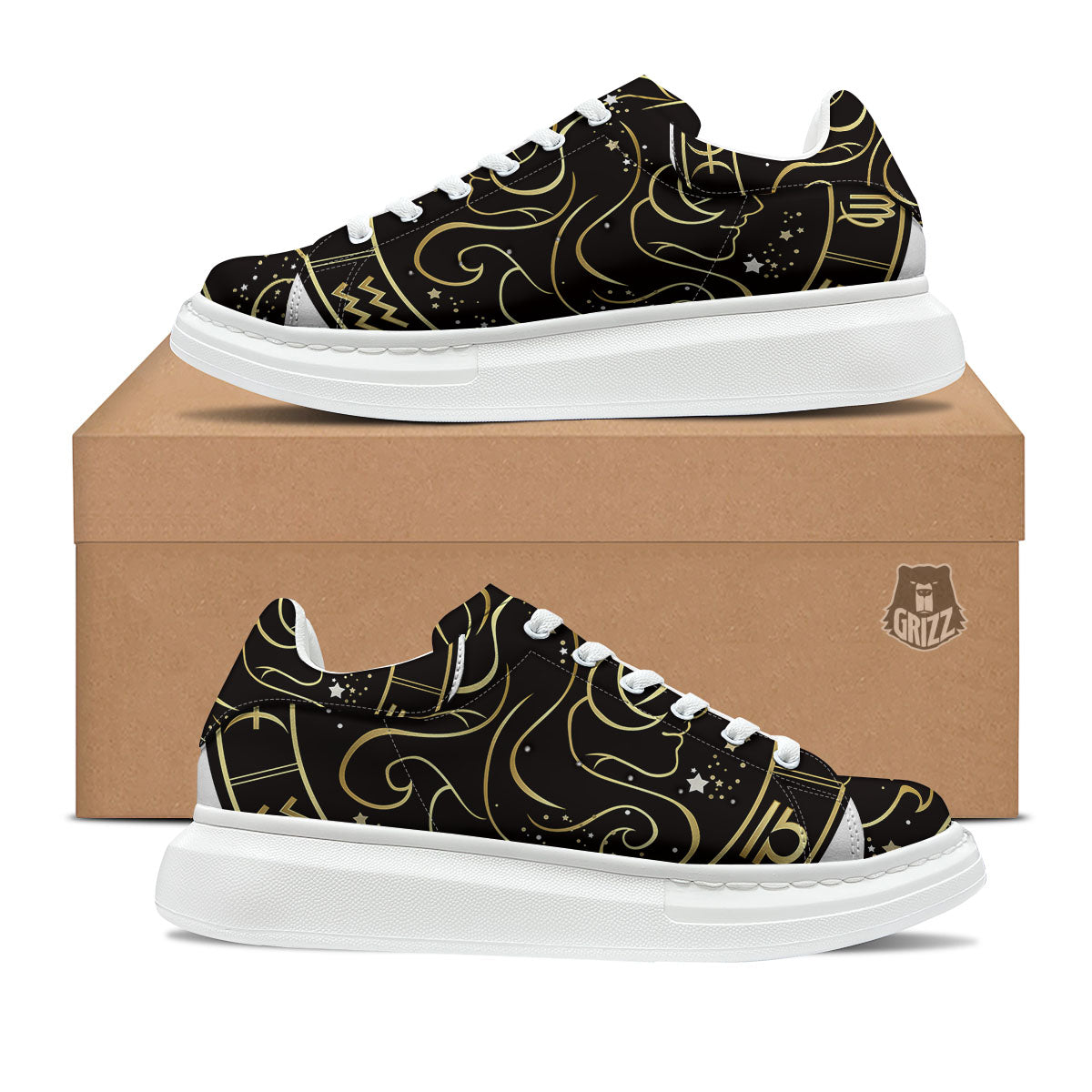 Gemini Sign Black And Gold Print Platform Shoes-grizzshop