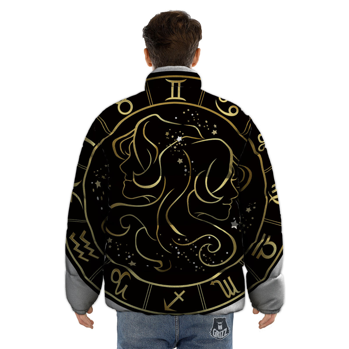 Gemini Sign Black And Gold Print Puffer Jacket-grizzshop