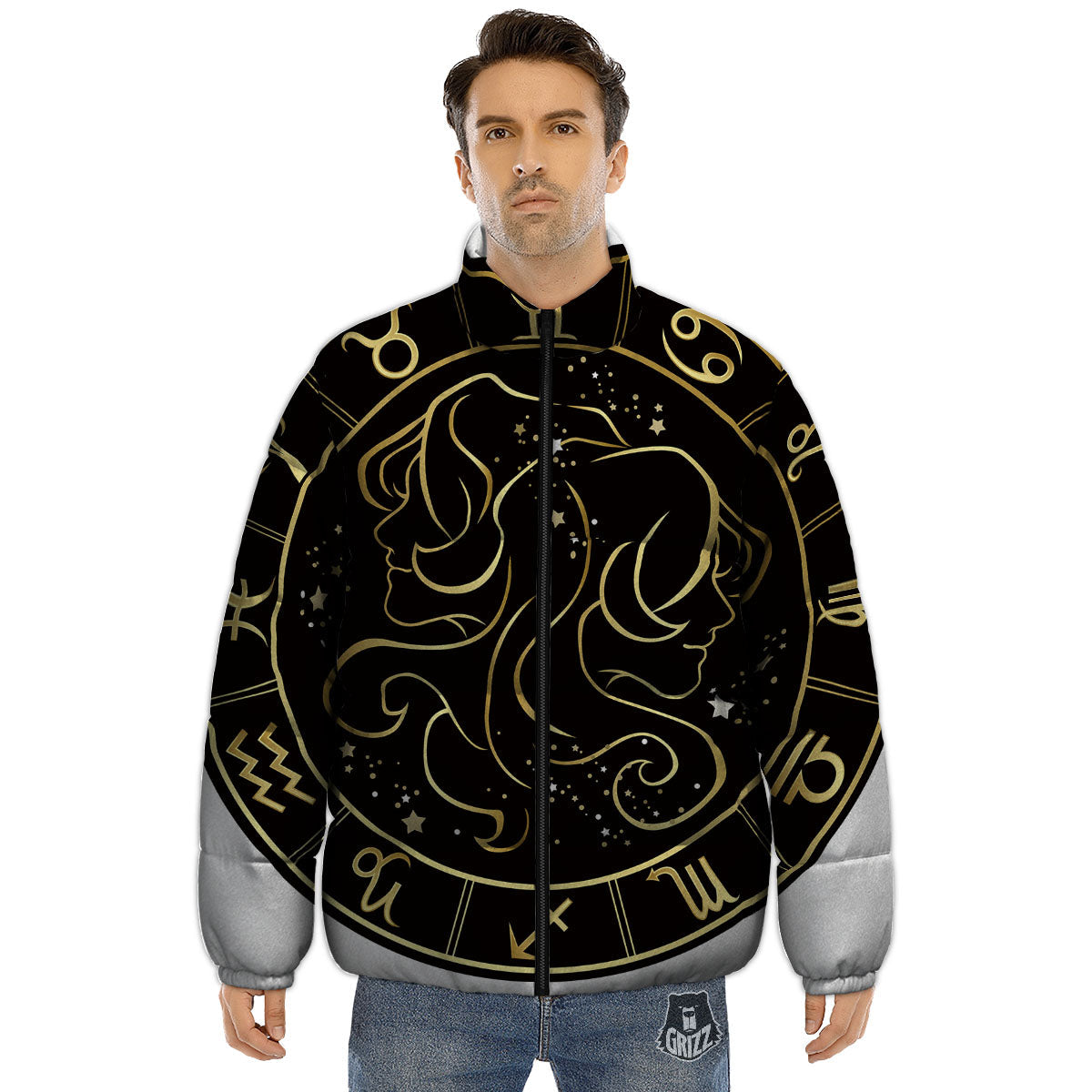 Gemini Sign Black And Gold Print Puffer Jacket-grizzshop