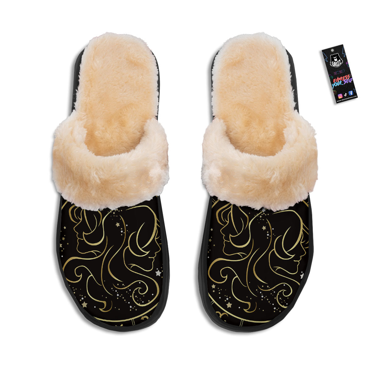 Gemini Sign Black And Gold Print Slippers-grizzshop