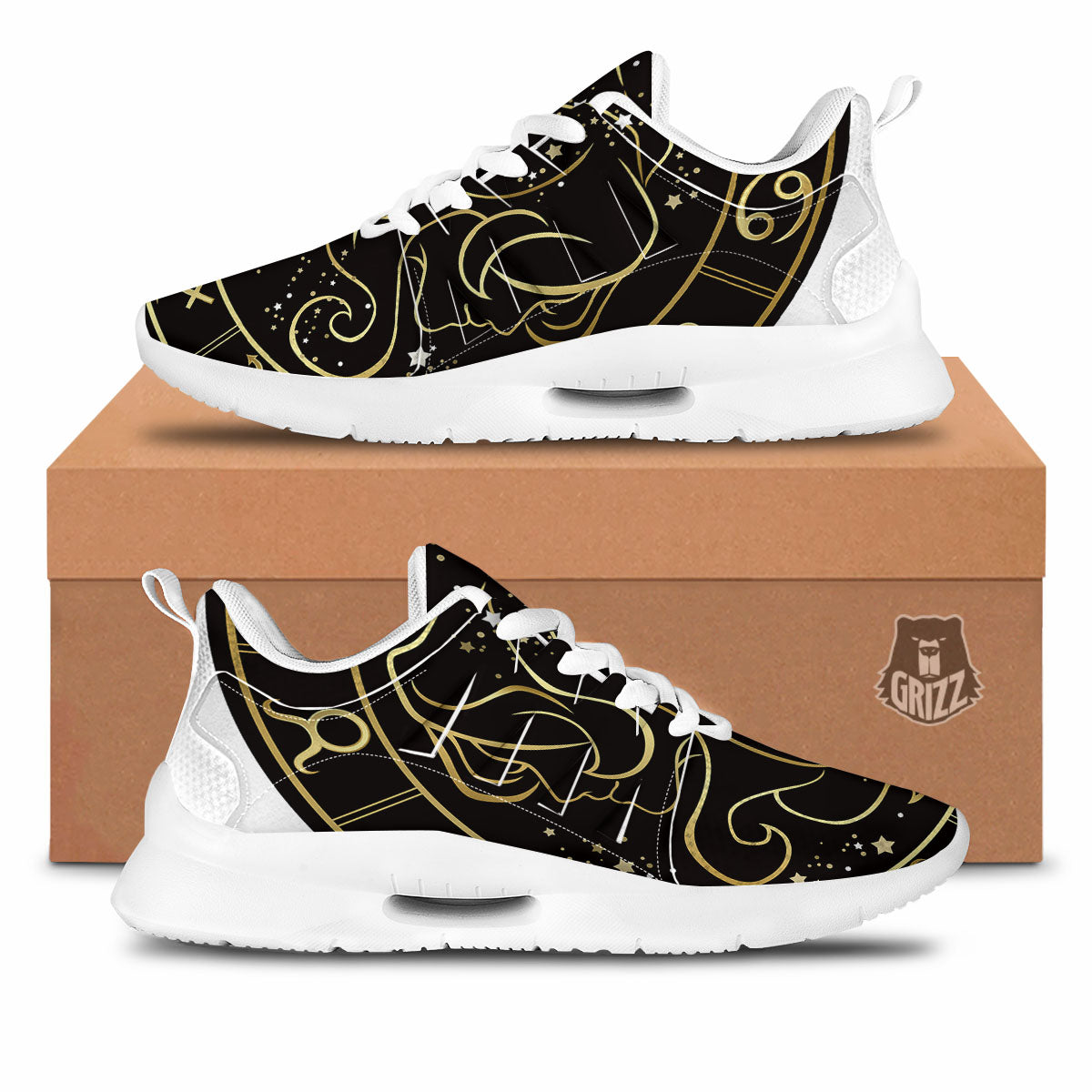 Gemini Sign Black And Gold Print Tennis Shoes-grizzshop