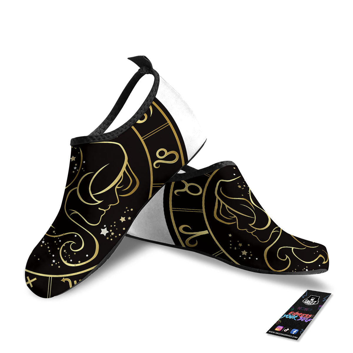 Gemini Sign Black And Gold Print Water Shoes-grizzshop