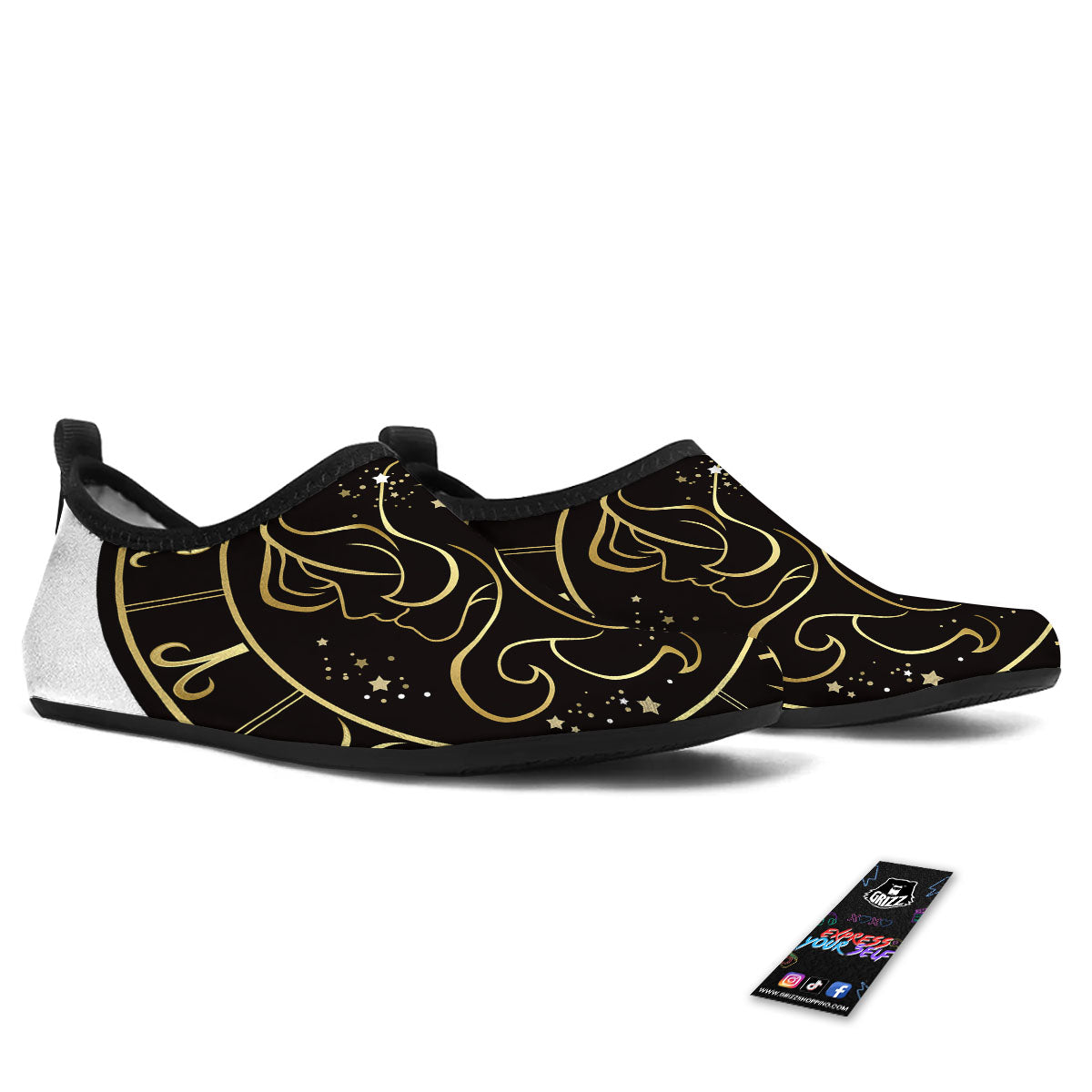 Gemini Sign Black And Gold Print Water Shoes-grizzshop