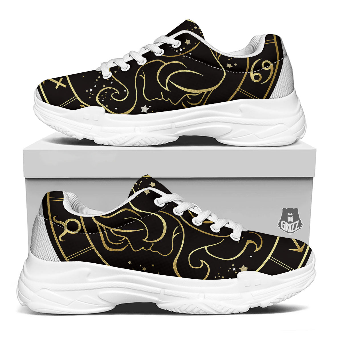 Gemini Sign Black And Gold Print White Chunky Shoes-grizzshop