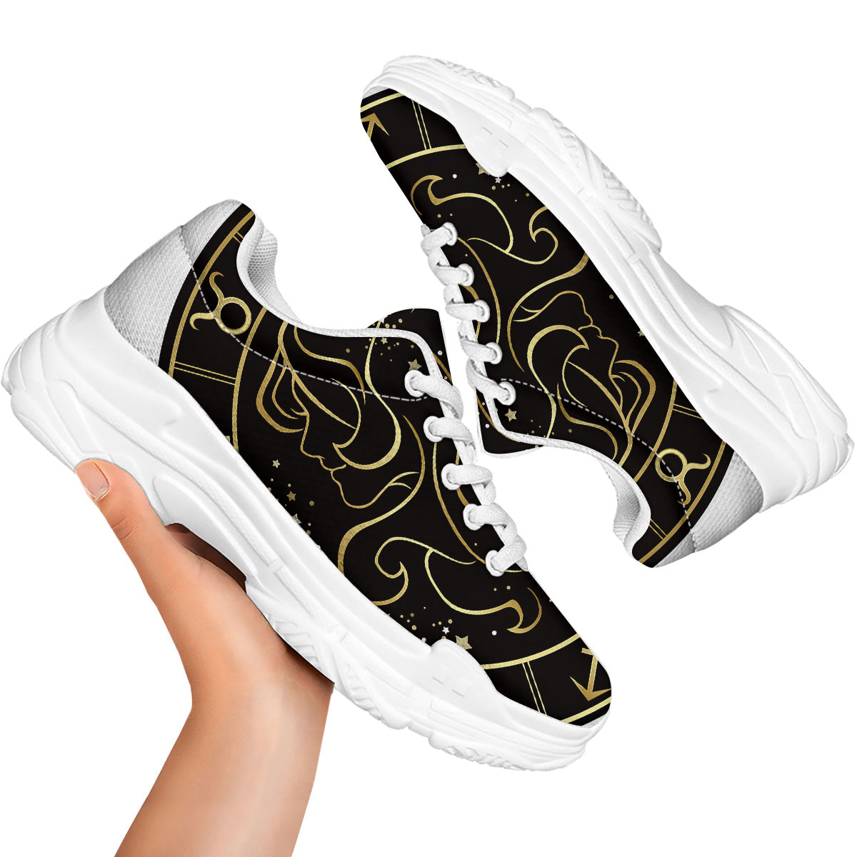 Gemini Sign Black And Gold Print White Chunky Shoes-grizzshop