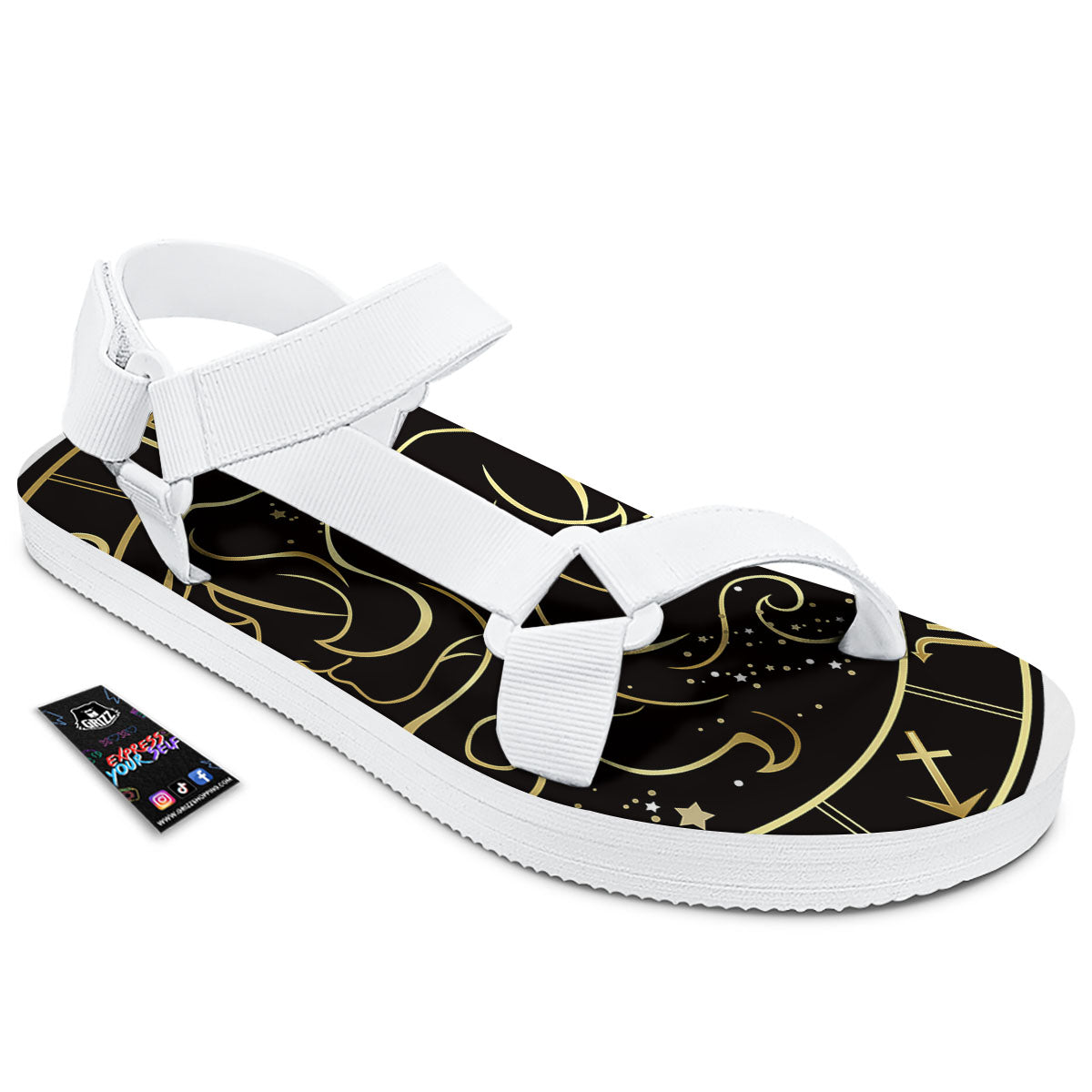 Gemini Sign Black And Gold Print White Open Toe Sandals-grizzshop