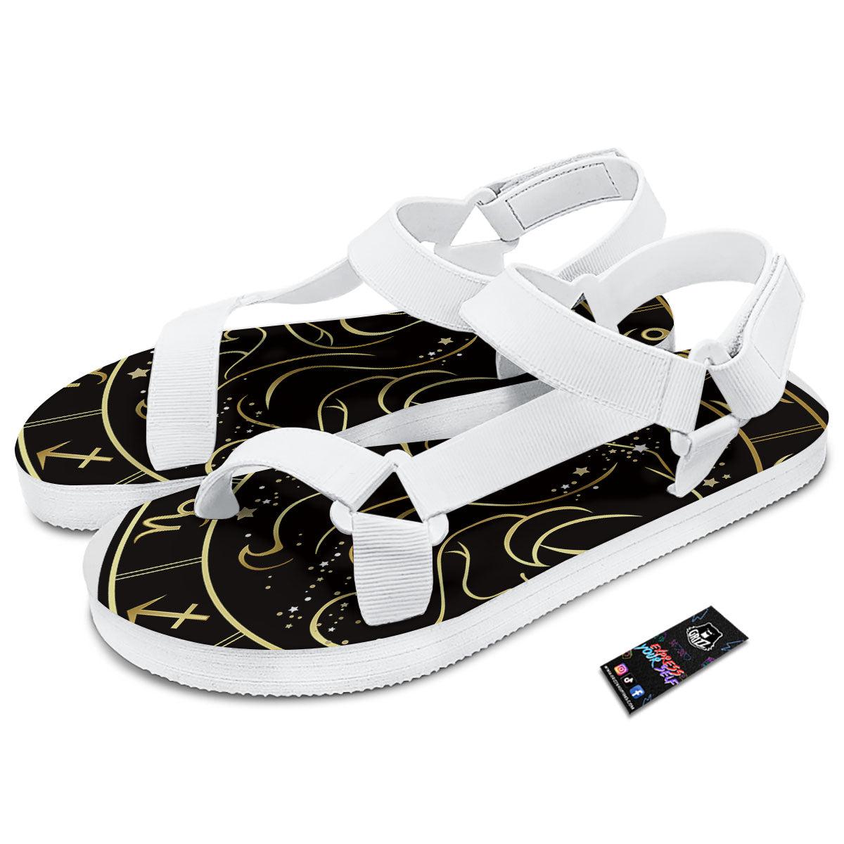 Gemini Sign Black And Gold Print White Open Toe Sandals-grizzshop