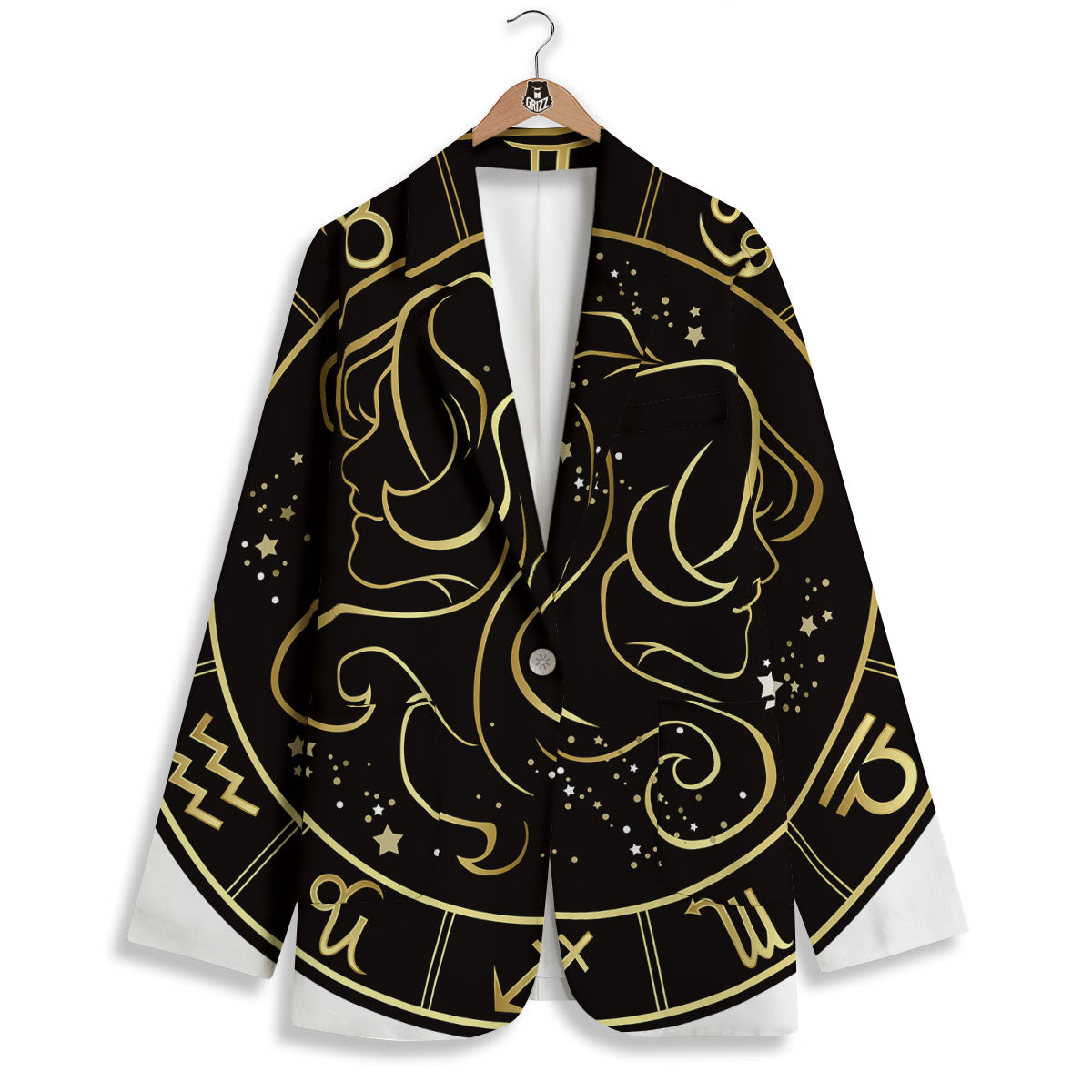 Gemini Sign Black And Gold Print Women's Blazer-grizzshop
