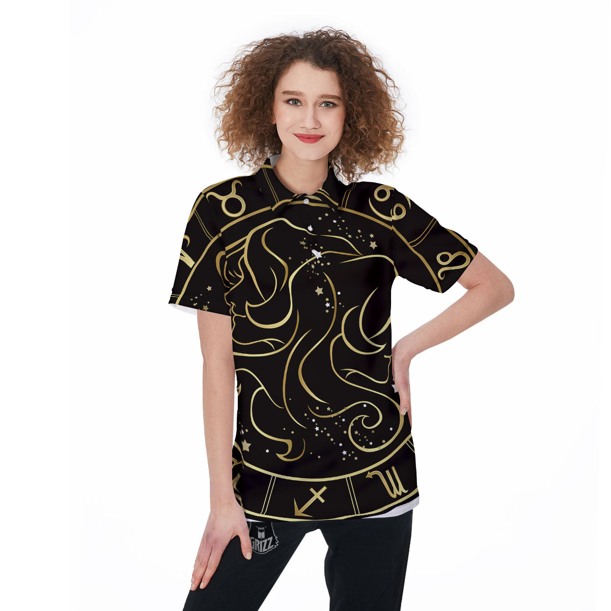 Gemini Sign Black And Gold Print Women's Golf Shirts-grizzshop