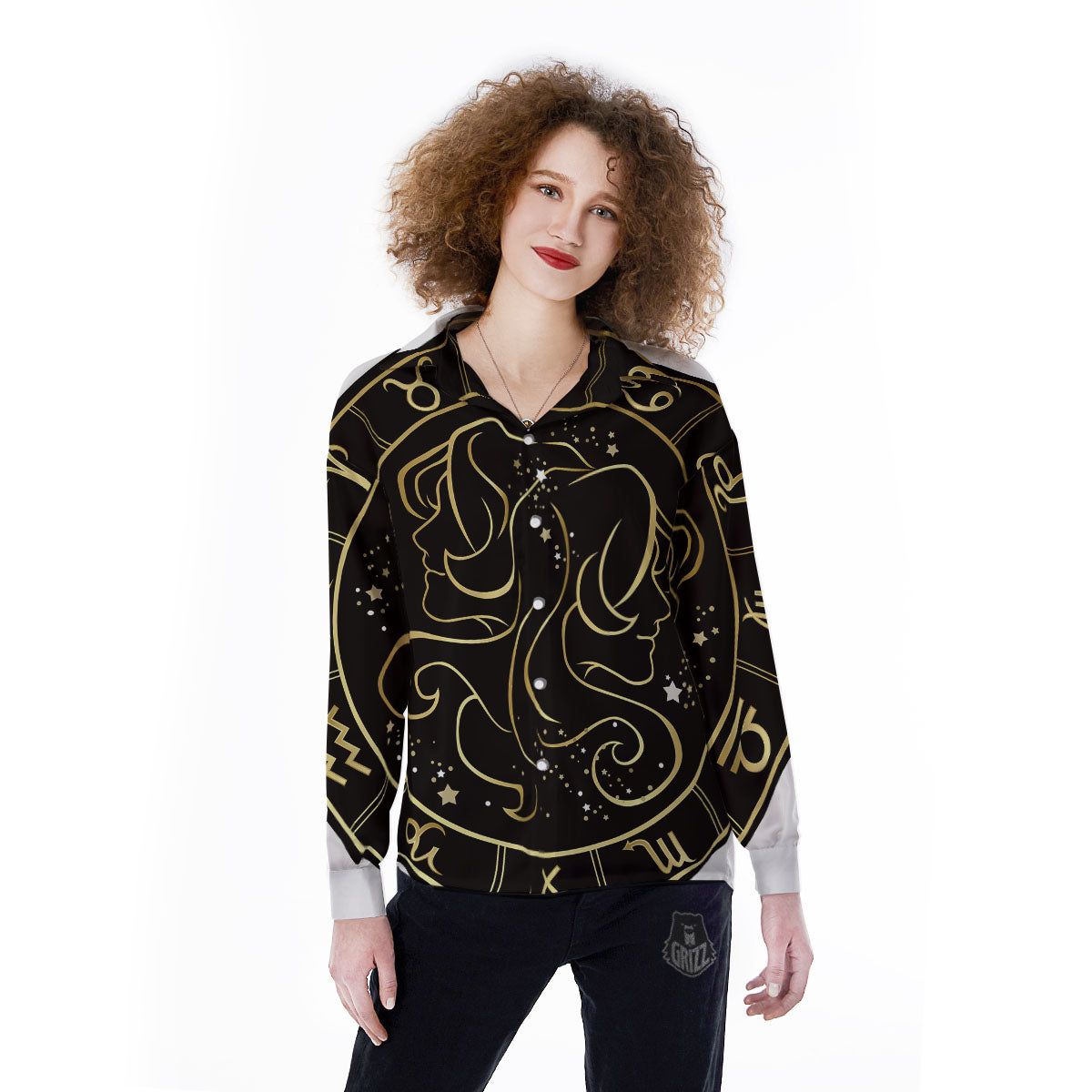 Gemini Sign Black And Gold Print Women's Long Sleeve Shirts-grizzshop