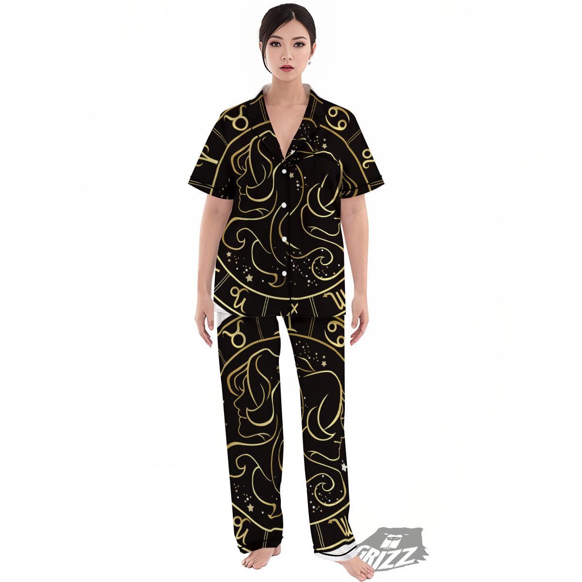 Gemini Sign Black And Gold Print Women's Pajamas Set-grizzshop