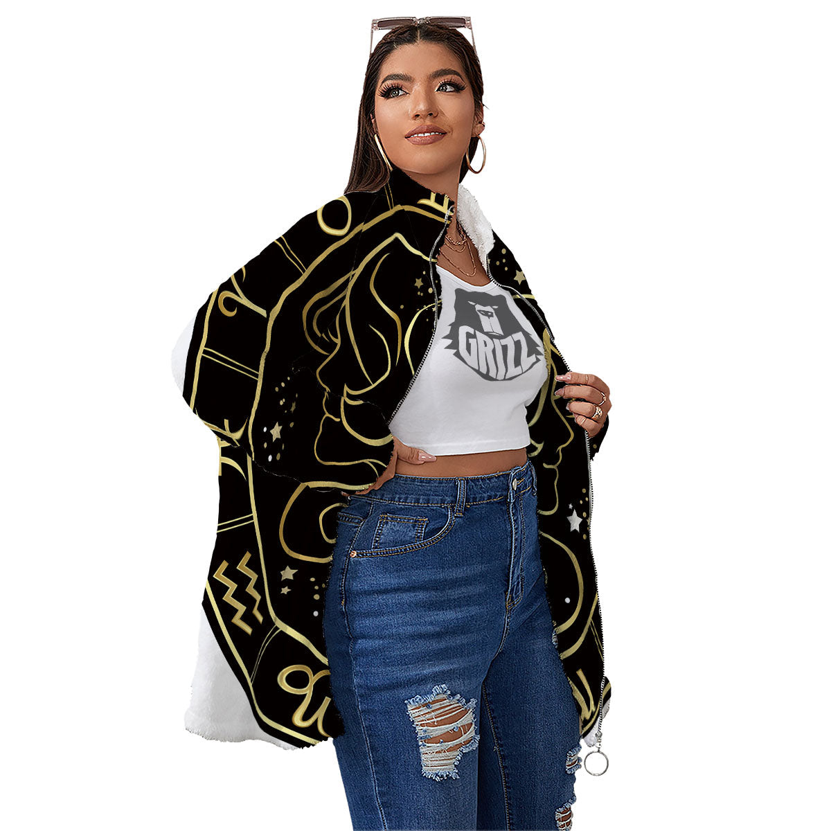 Gemini Sign Black And Gold Print Women's Sherpa Jacket-grizzshop