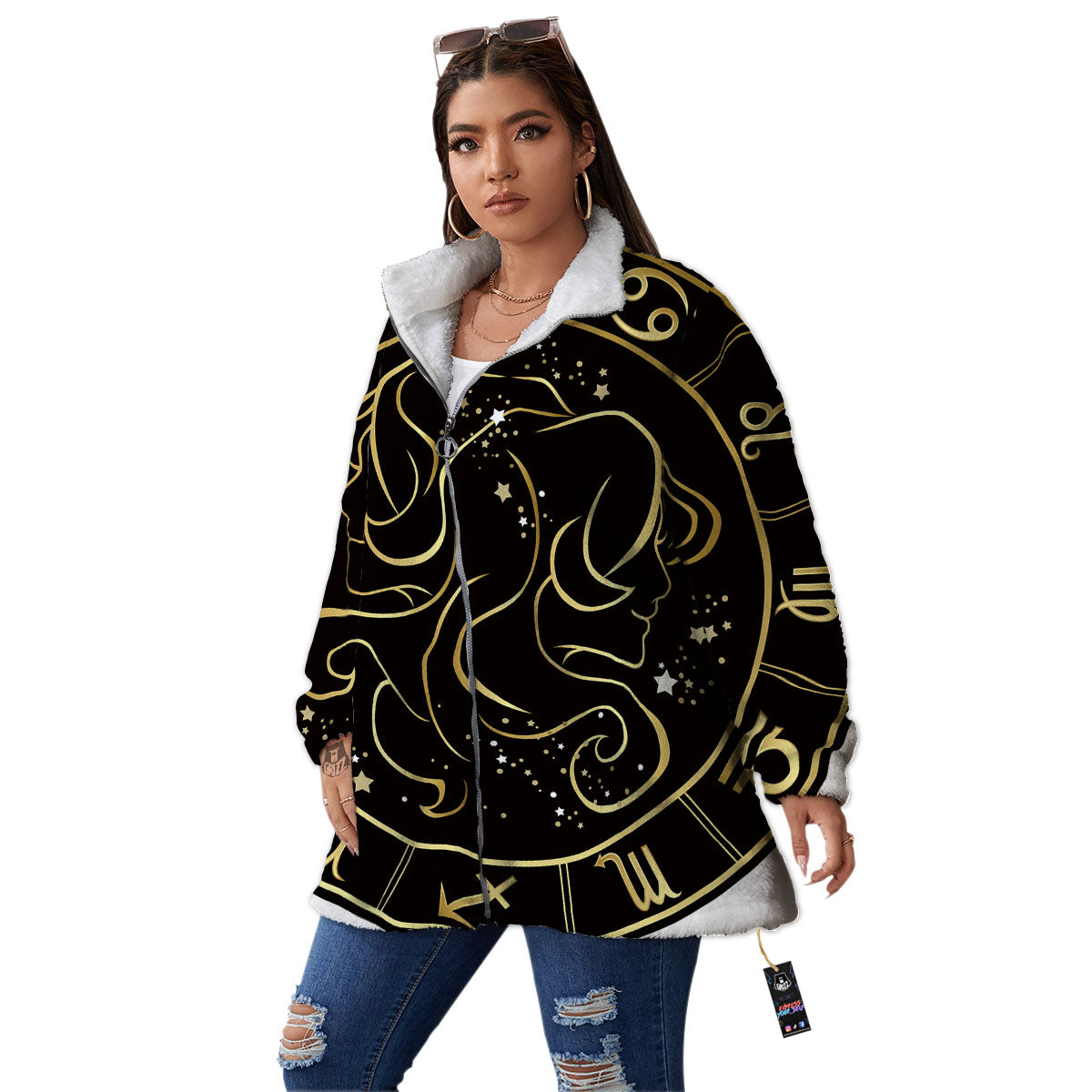 Gemini Sign Black And Gold Print Women's Sherpa Jacket-grizzshop