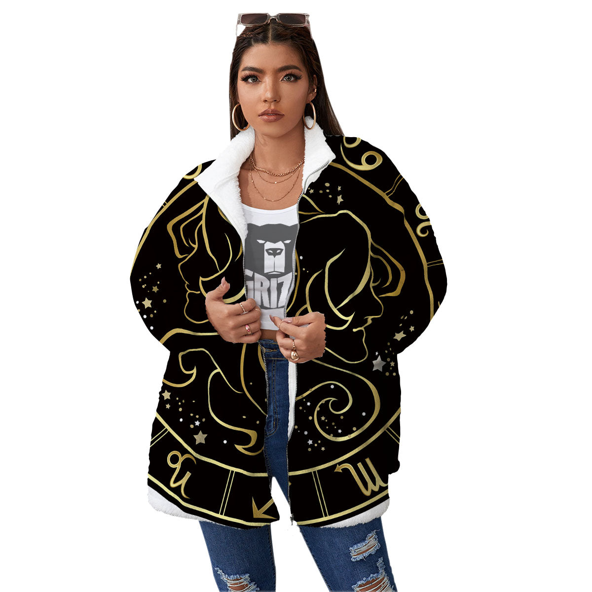Gemini Sign Black And Gold Print Women's Sherpa Jacket-grizzshop