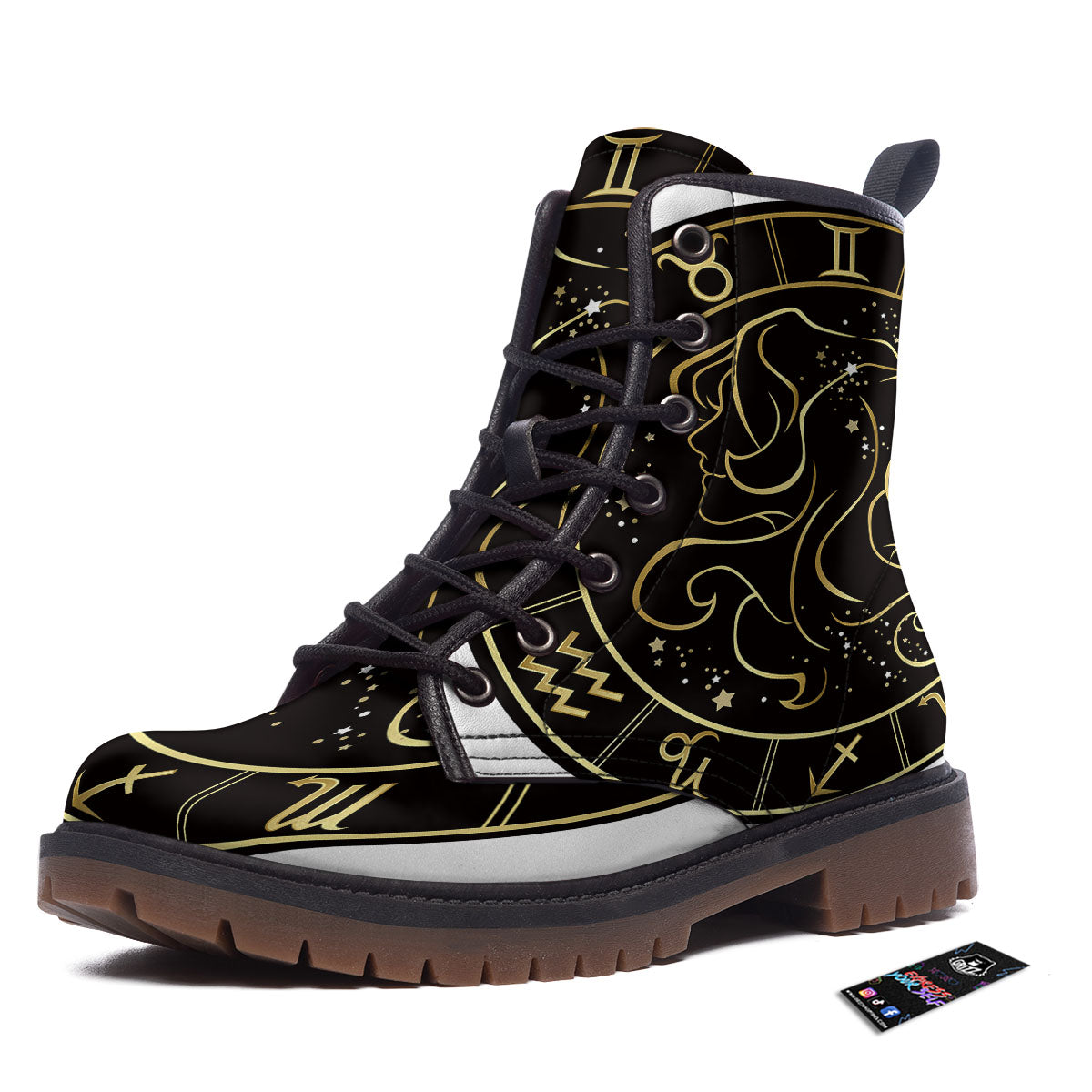 Gemini Sign Black And Gold Print Work Boots-grizzshop