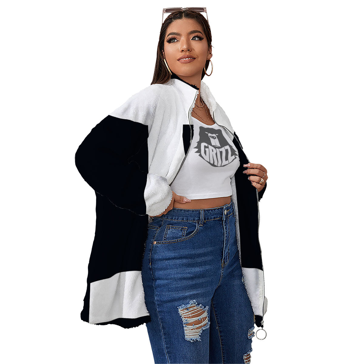 Gemini Sign White And Black Print Women's Sherpa Jacket-grizzshop