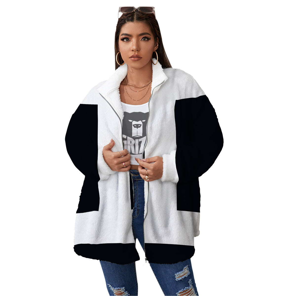 Gemini Sign White And Black Print Women's Sherpa Jacket-grizzshop