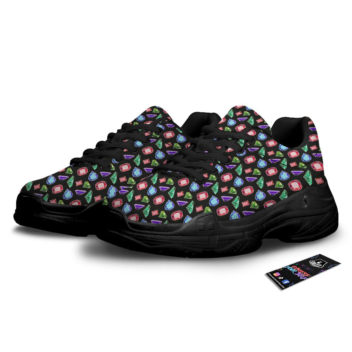 Gems Diamond Print Black Chunky Shoes-grizzshop