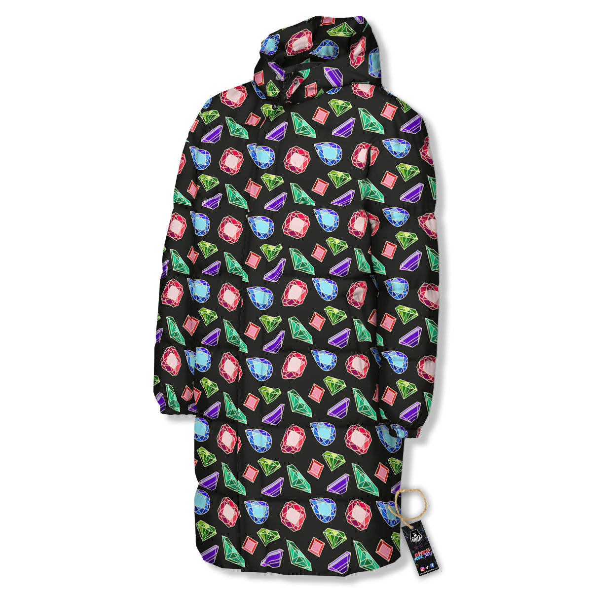 Gems Diamond Print Long Down Jacket-grizzshop