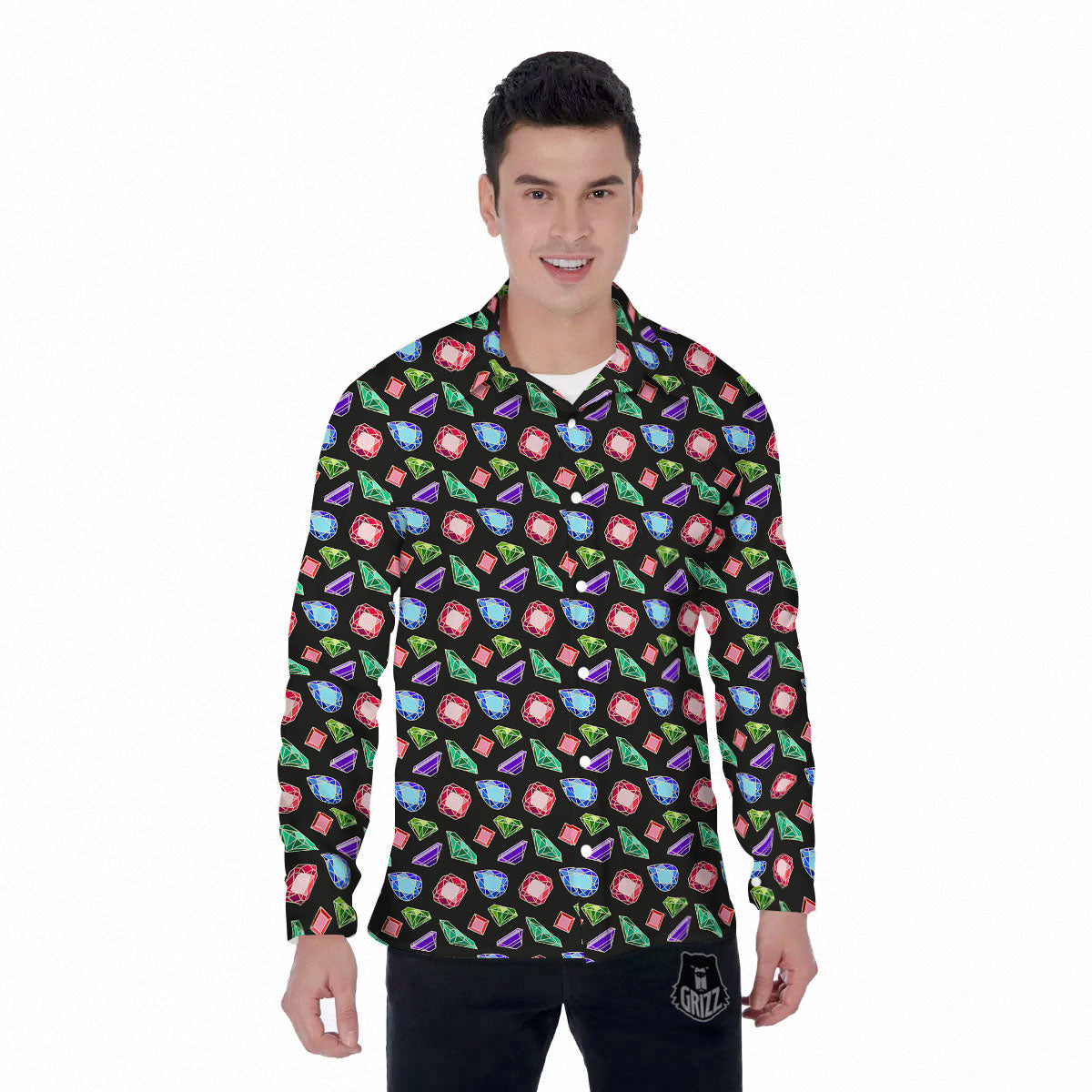 Gems Diamond Print Men's Long Sleeve Shirts-grizzshop