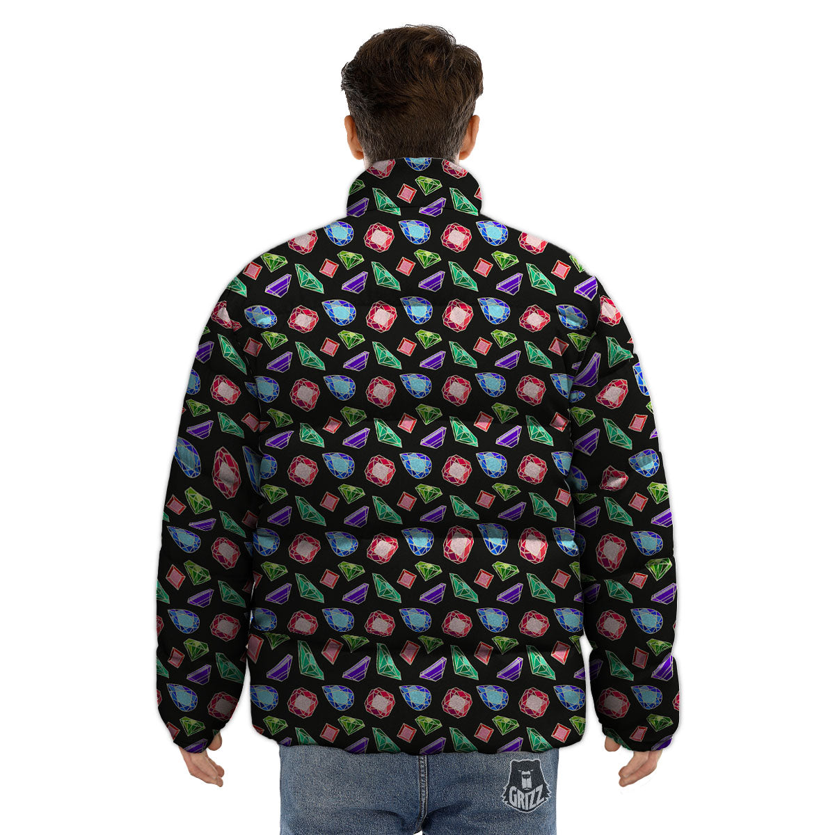 Gems Diamond Print Puffer Jacket-grizzshop