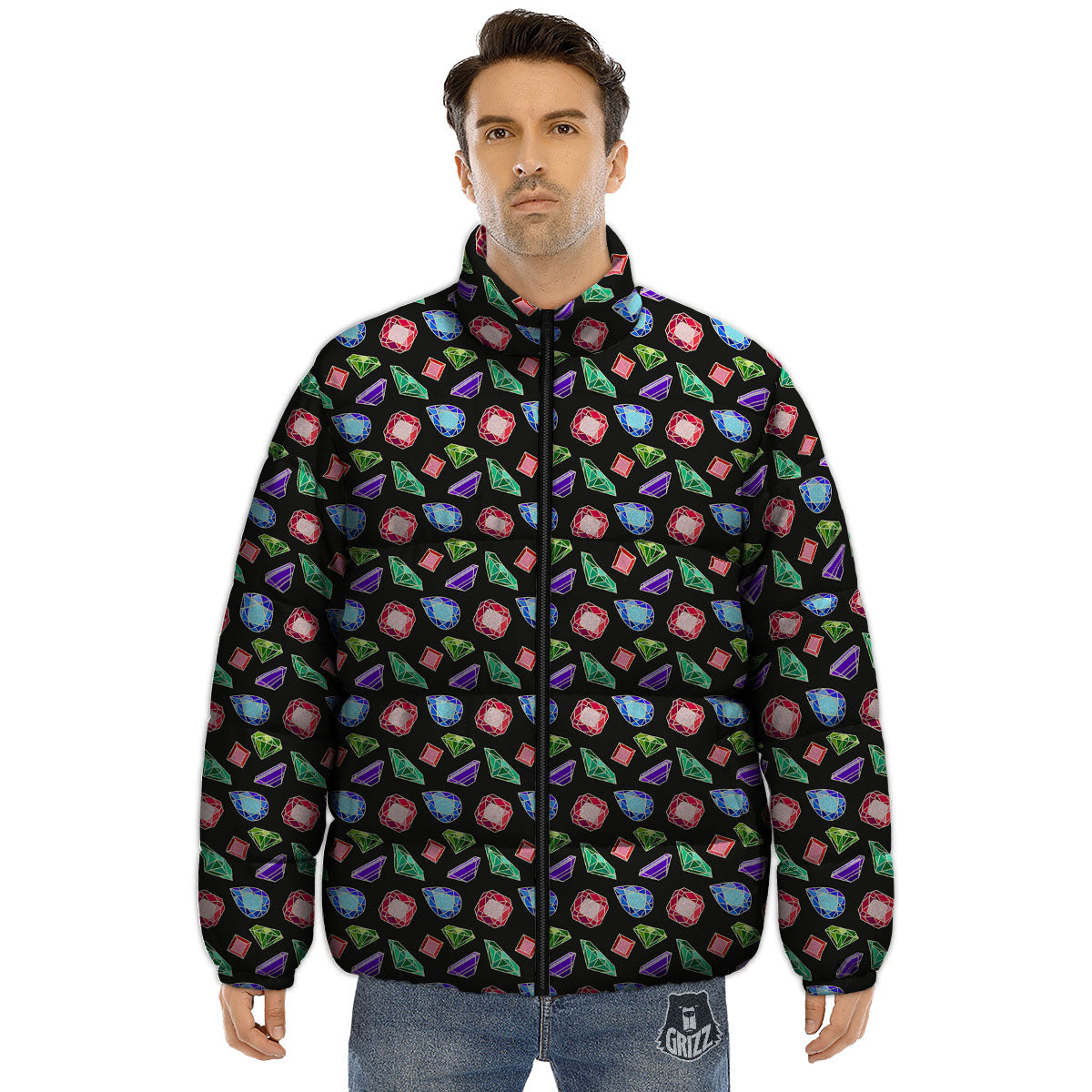 Gems Diamond Print Puffer Jacket-grizzshop