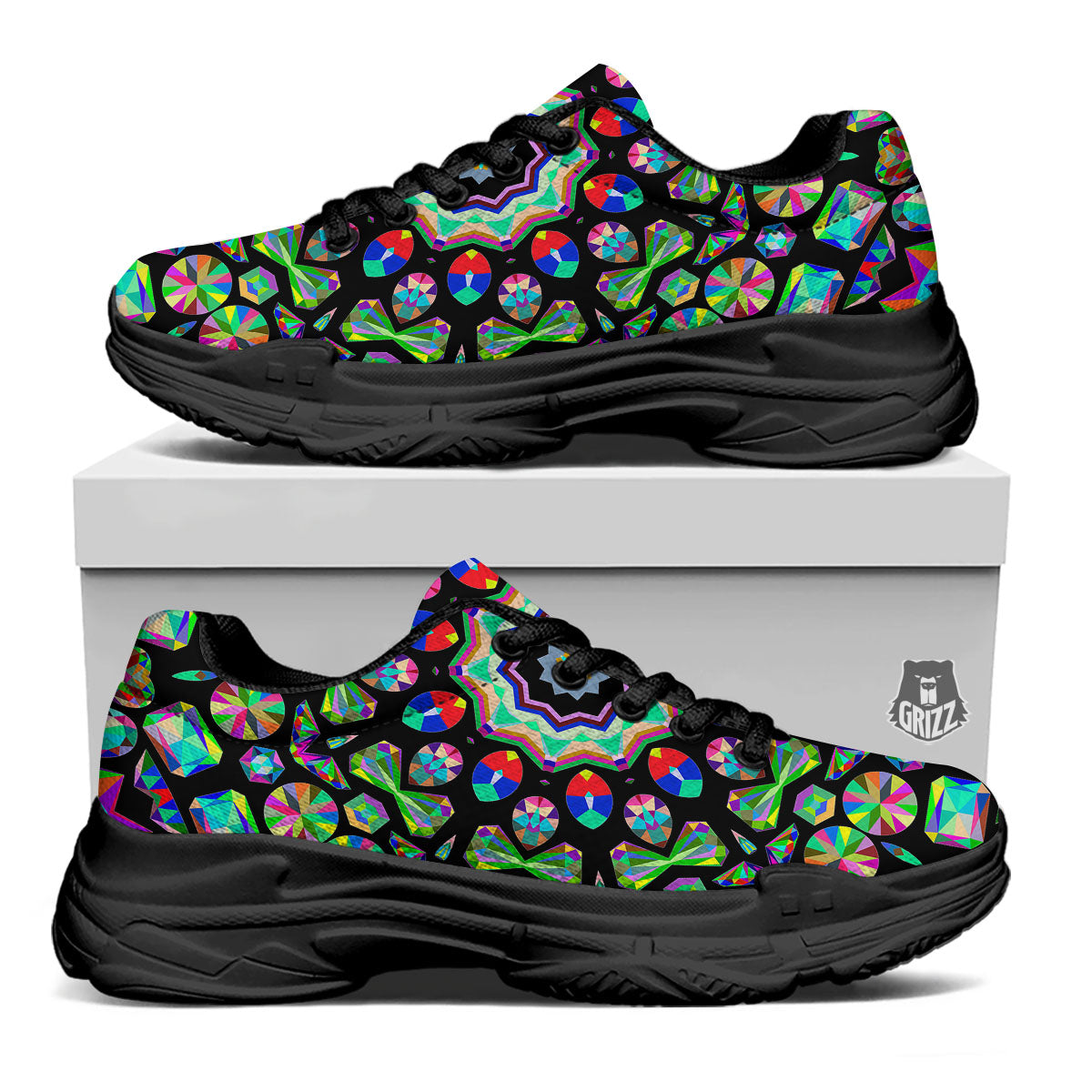 Gems Kaleidoscope Colorful Print Black Chunky Shoes-grizzshop