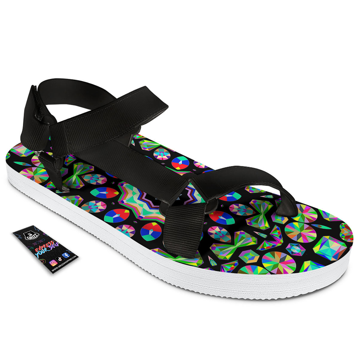 Gems Kaleidoscope Colorful Print Black Open Toe Sandals-grizzshop