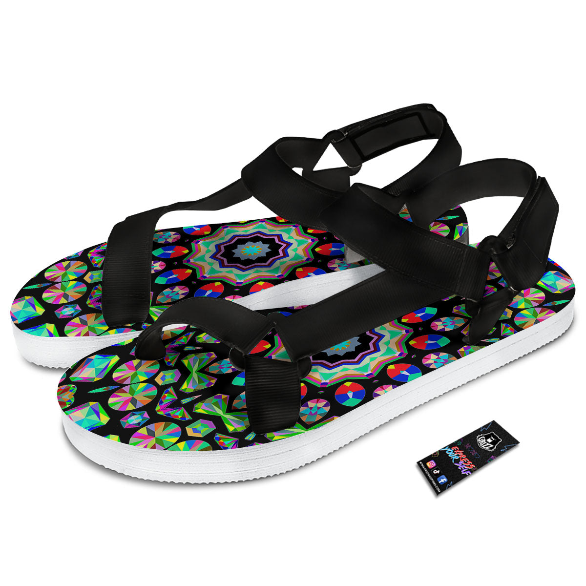 Gems Kaleidoscope Colorful Print Black Open Toe Sandals-grizzshop