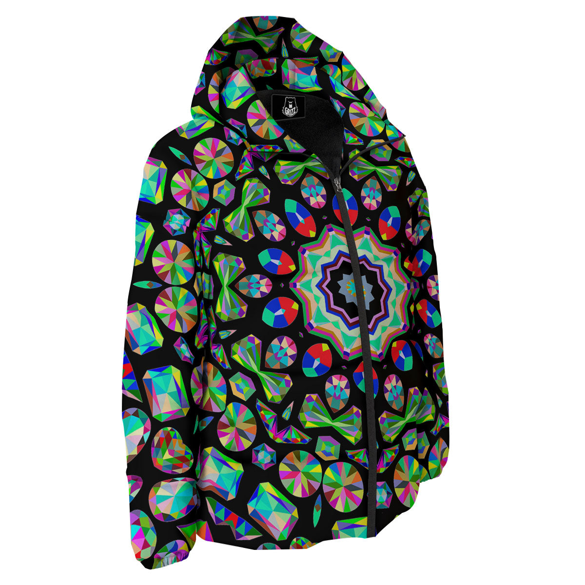 Gems Kaleidoscope Colorful Print Down Jacket-grizzshop