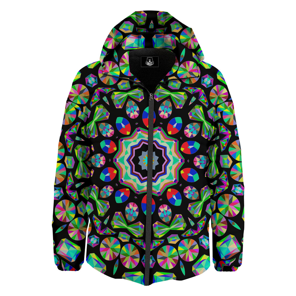 Gems Kaleidoscope Colorful Print Down Jacket-grizzshop