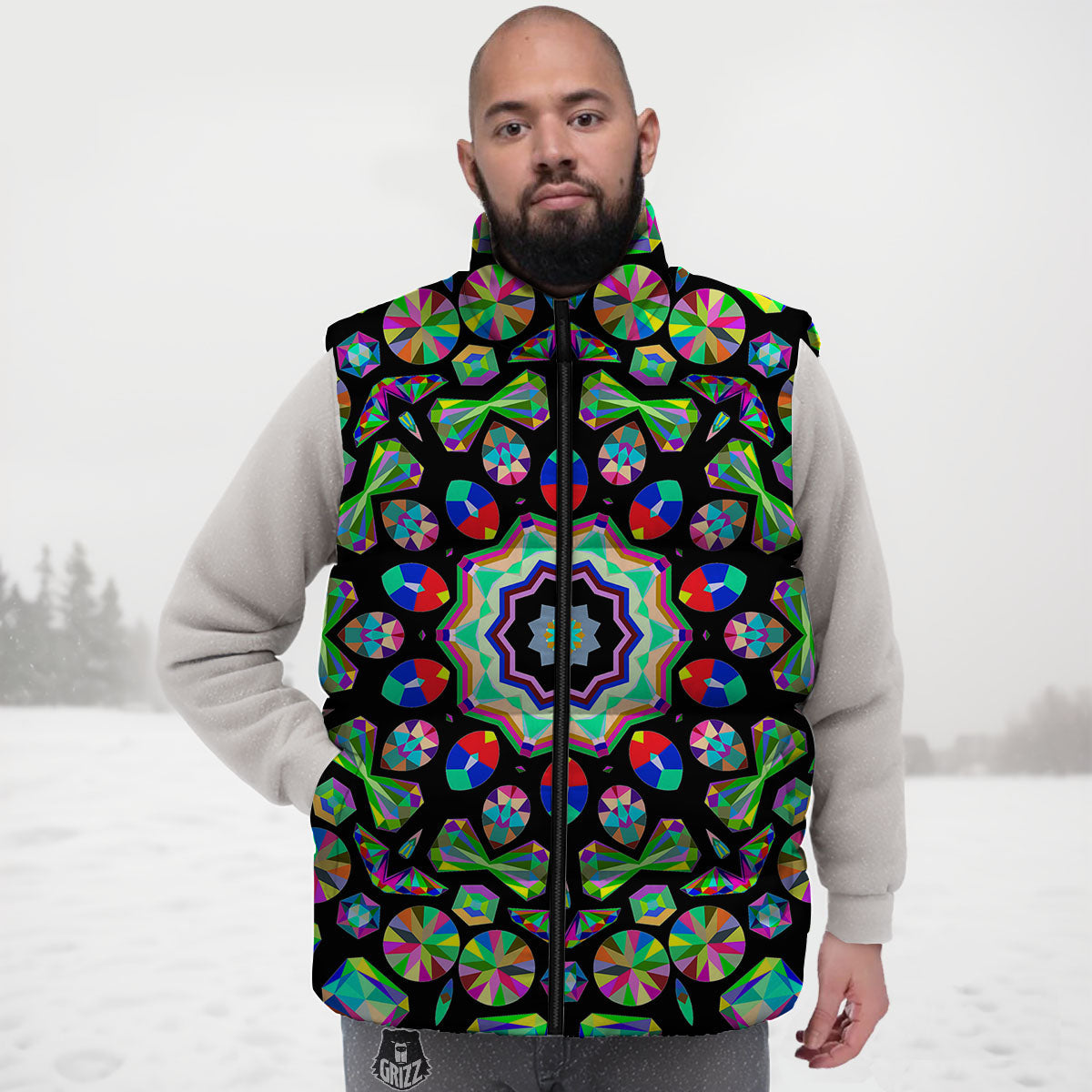 Gems Kaleidoscope Colorful Print Down Vest