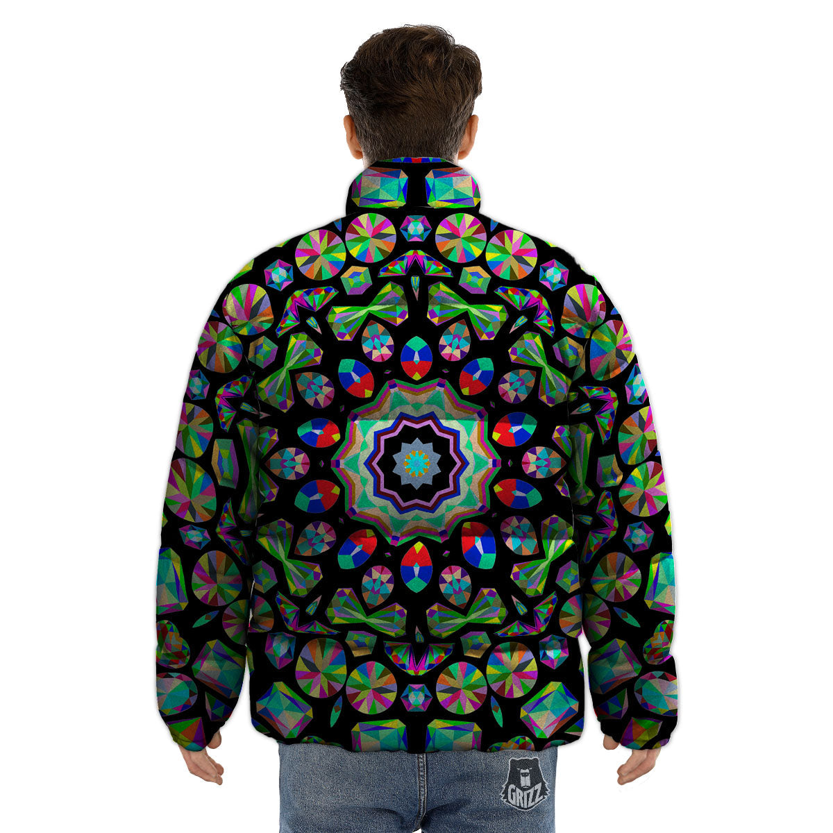Gems Kaleidoscope Colorful Print Puffer Jacket-grizzshop