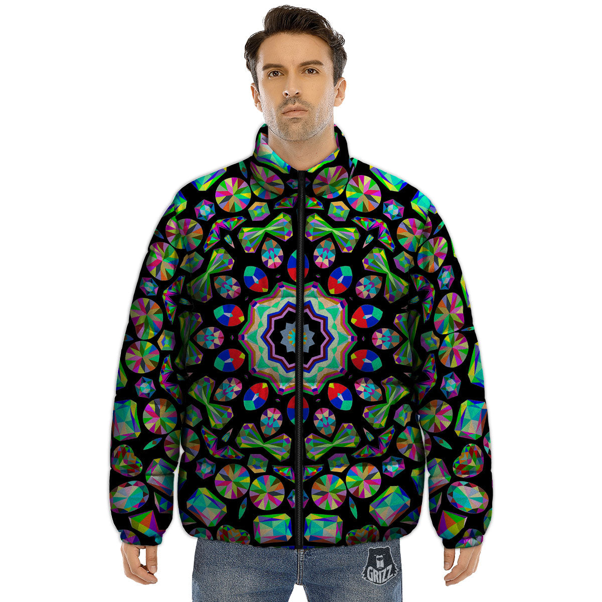 Gems Kaleidoscope Colorful Print Puffer Jacket-grizzshop