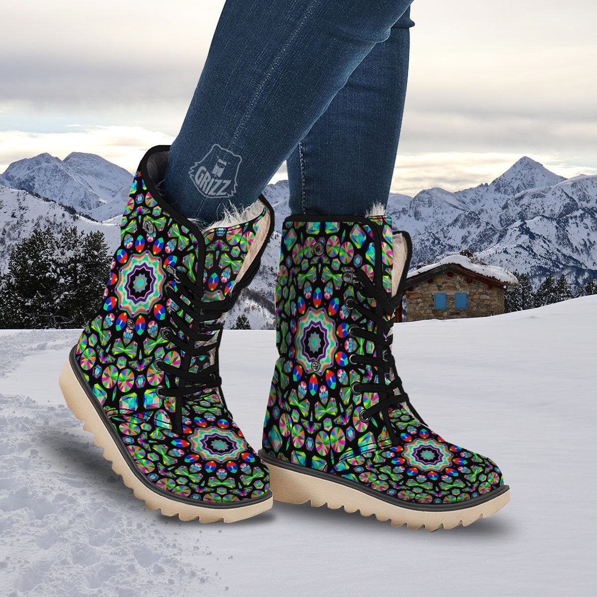 Gems Kaleidoscope Colorful Print Snow Boots-grizzshop