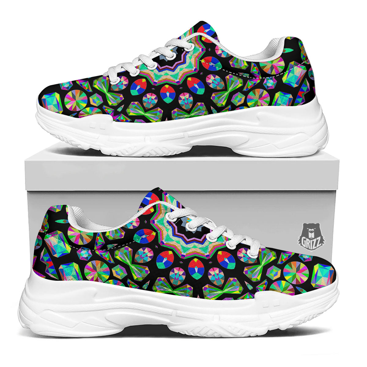 Gems Kaleidoscope Colorful Print White Chunky Shoes-grizzshop