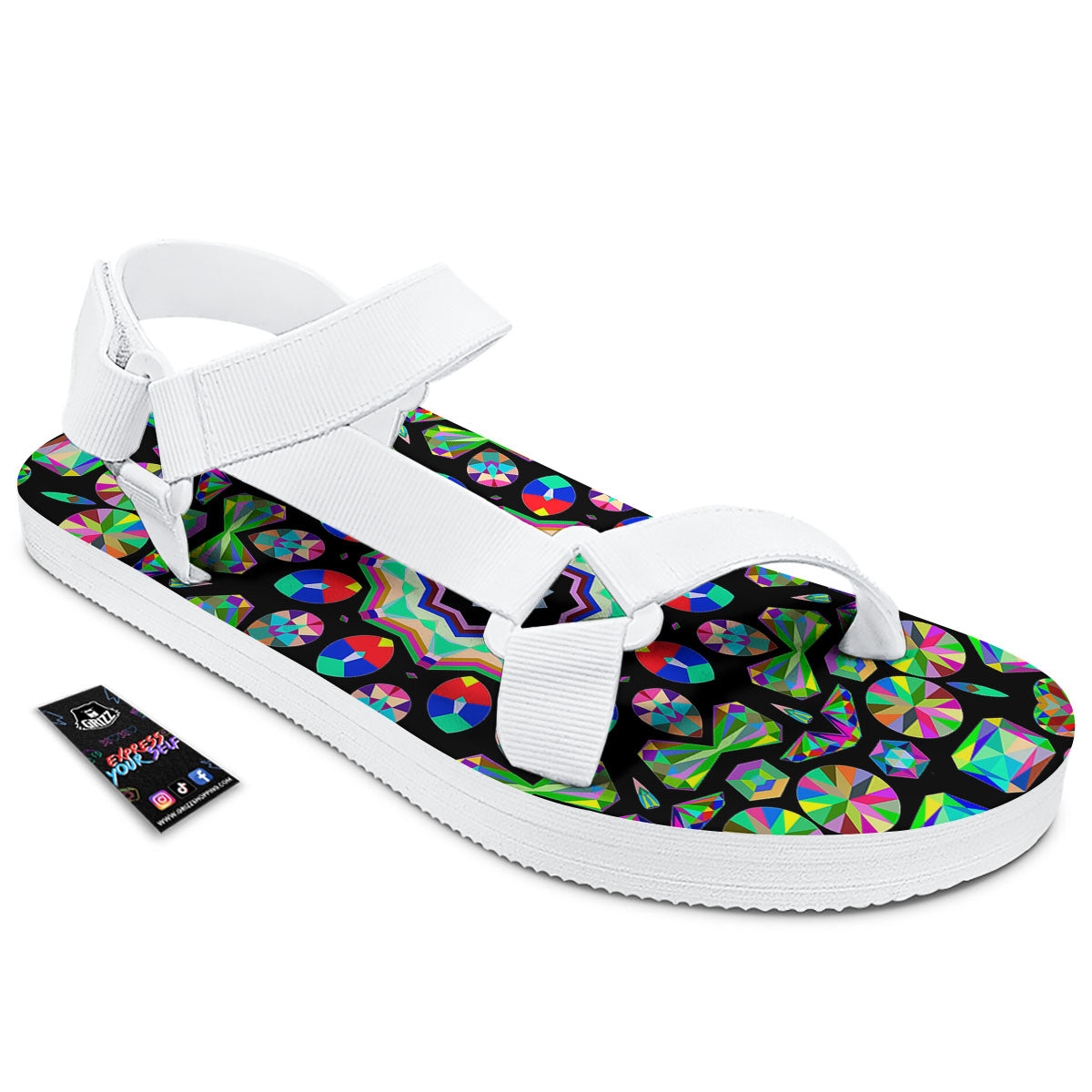 Gems Kaleidoscope Colorful Print White Open Toe Sandals-grizzshop