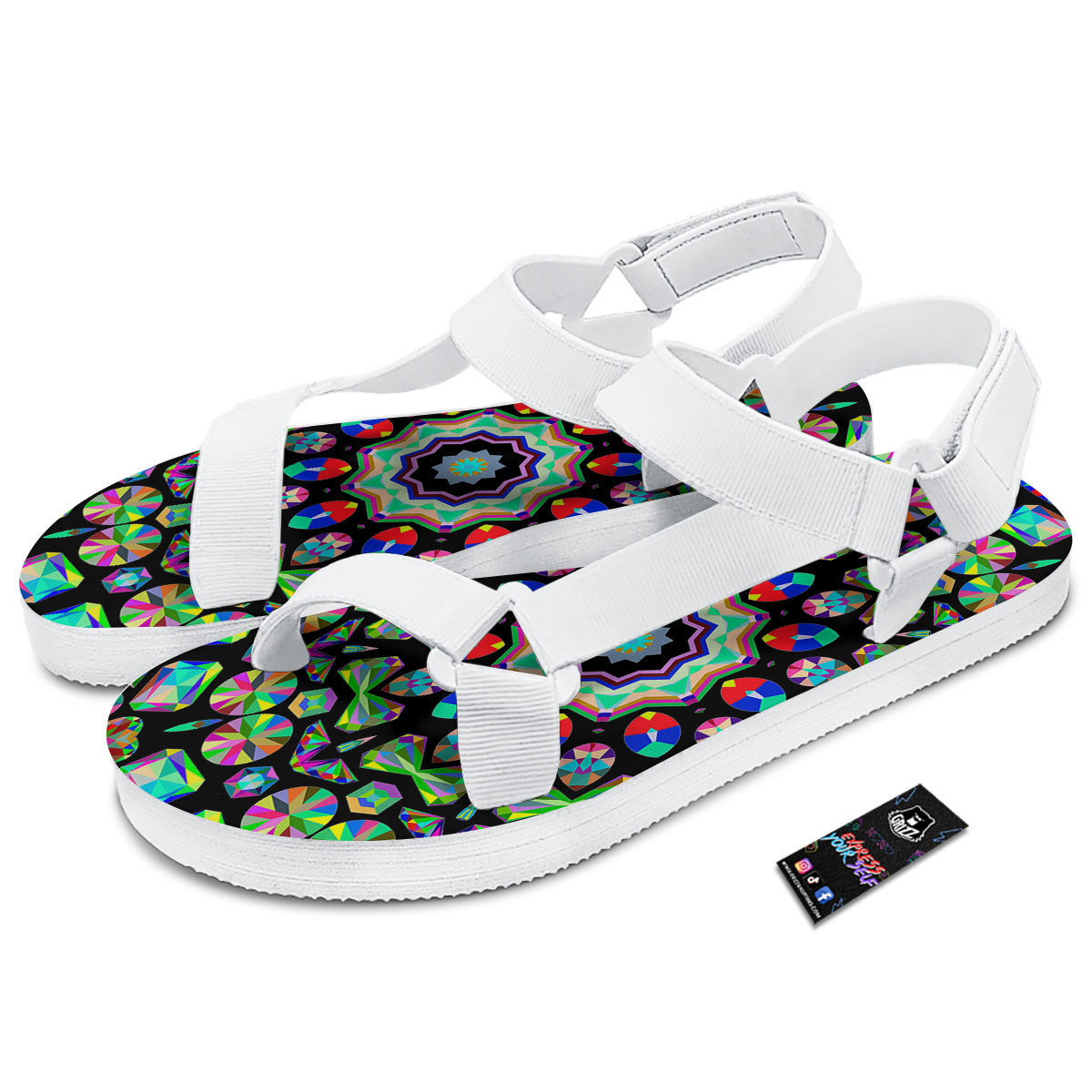 Gems Kaleidoscope Colorful Print White Open Toe Sandals-grizzshop
