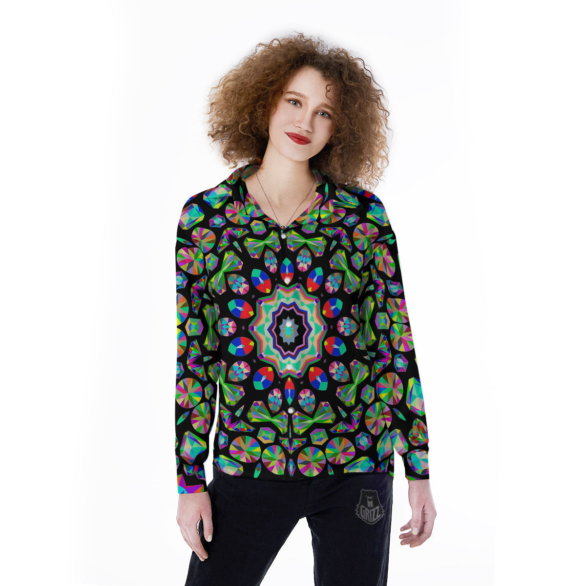 Gems Kaleidoscope Colorful Print Women's Long Sleeve Shirts-grizzshop