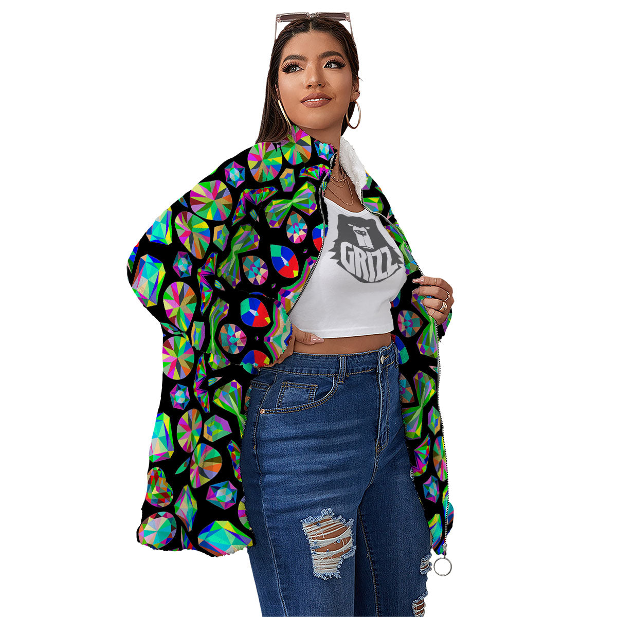 Gems Kaleidoscope Colorful Print Women's Sherpa Jacket-grizzshop