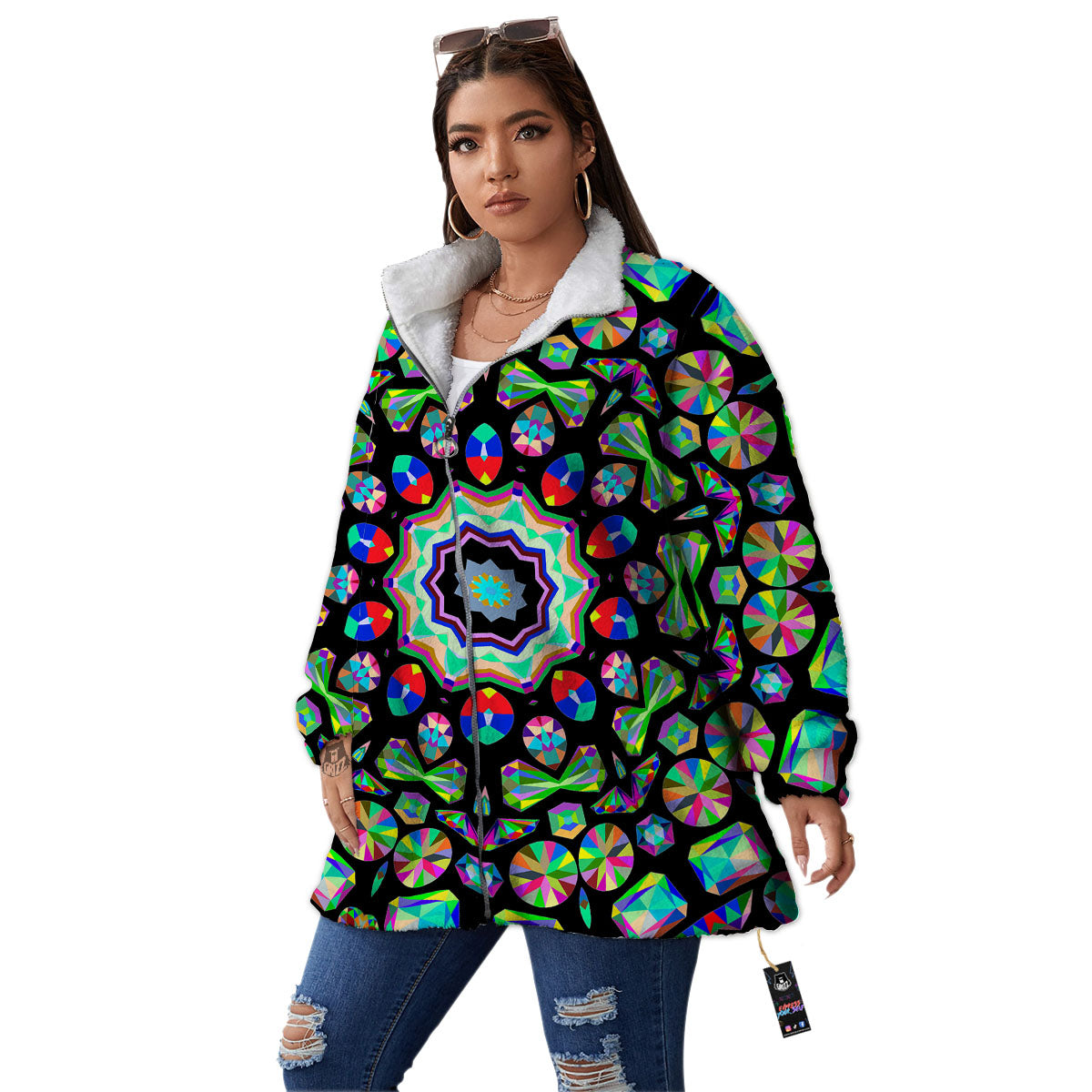 Gems Kaleidoscope Colorful Print Women's Sherpa Jacket-grizzshop