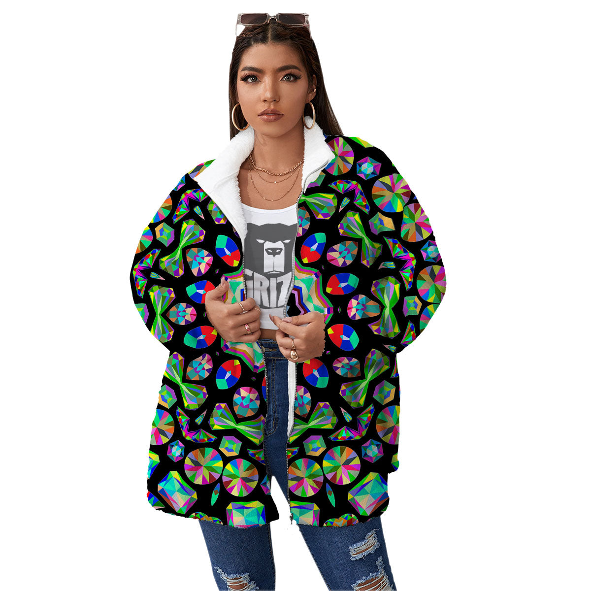Gems Kaleidoscope Colorful Print Women's Sherpa Jacket-grizzshop