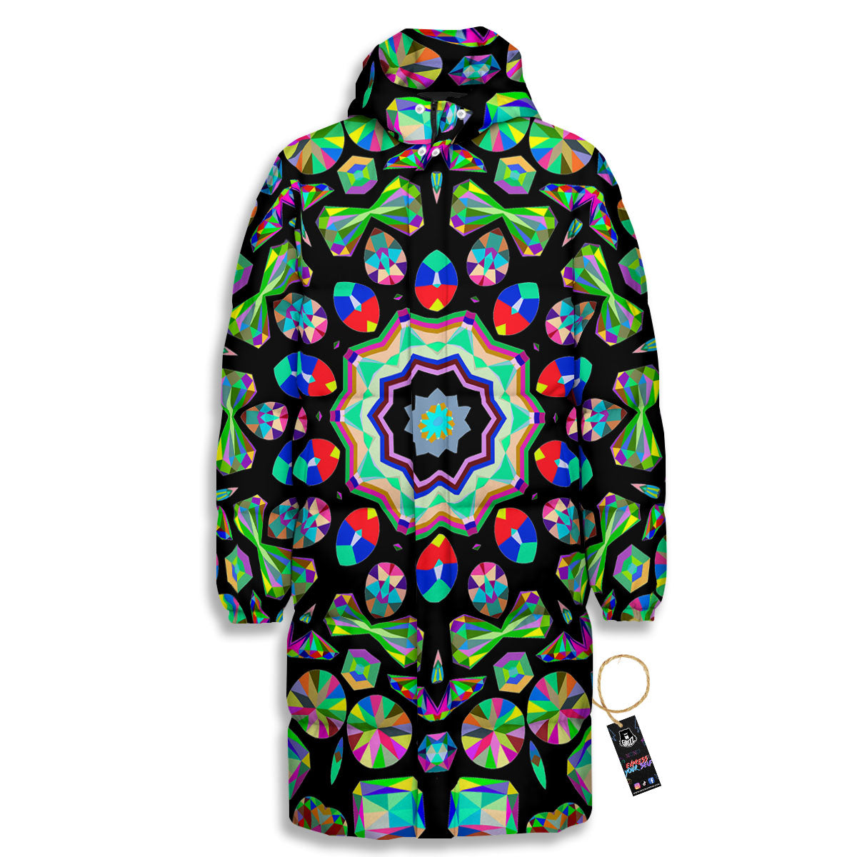Gems Kaleidoscope Colorful Print Long Down Jacket