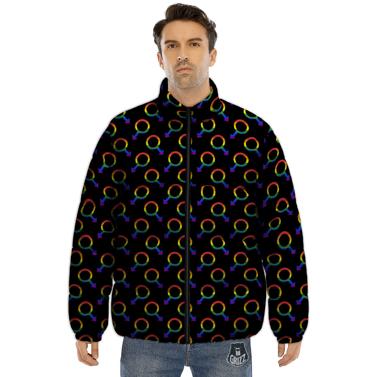 Gender Symbol Gay Pride Print Pattern Puffer Jacket-grizzshop