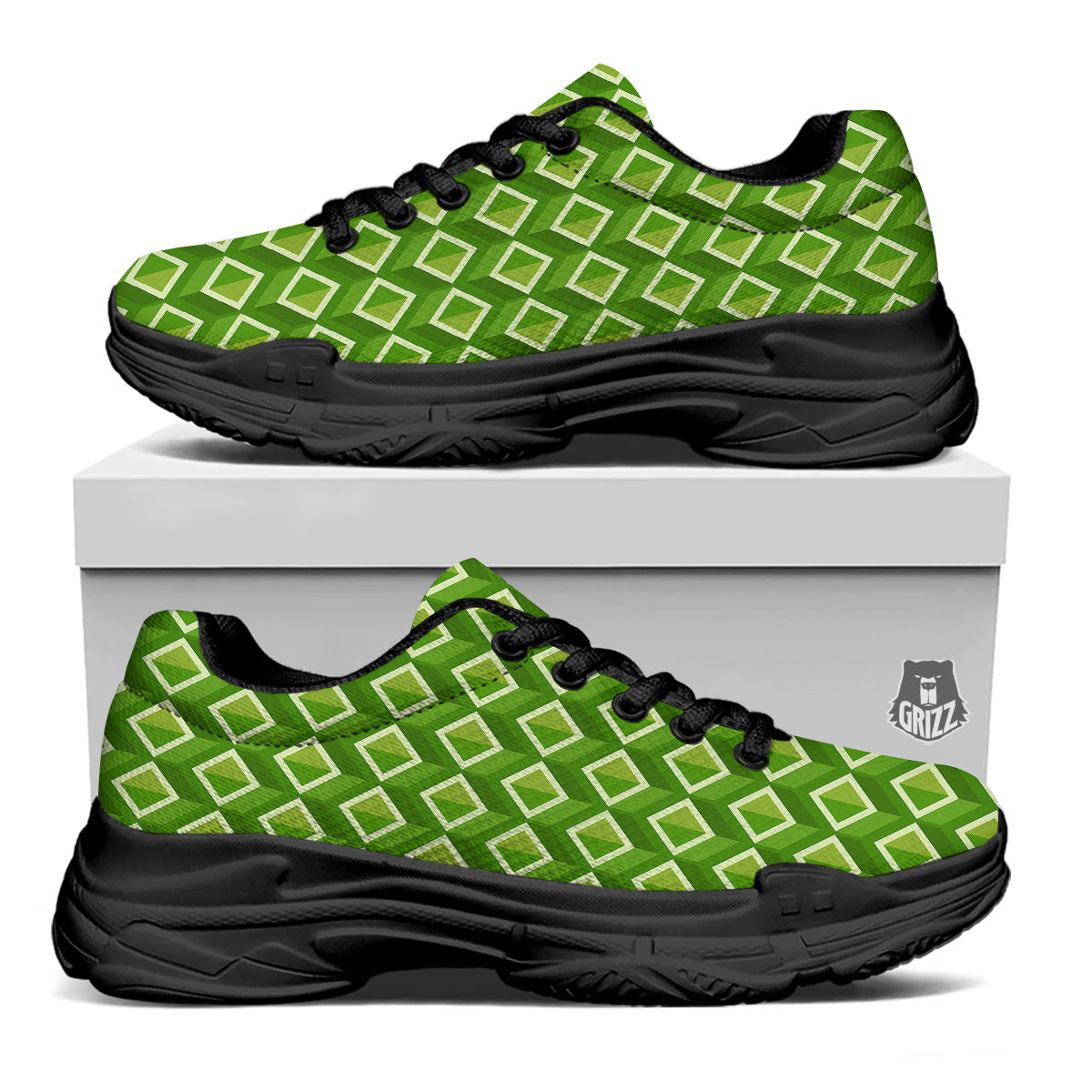 Geometric 3D Bamboo Print Pattern Black Chunky Shoes-grizzshop