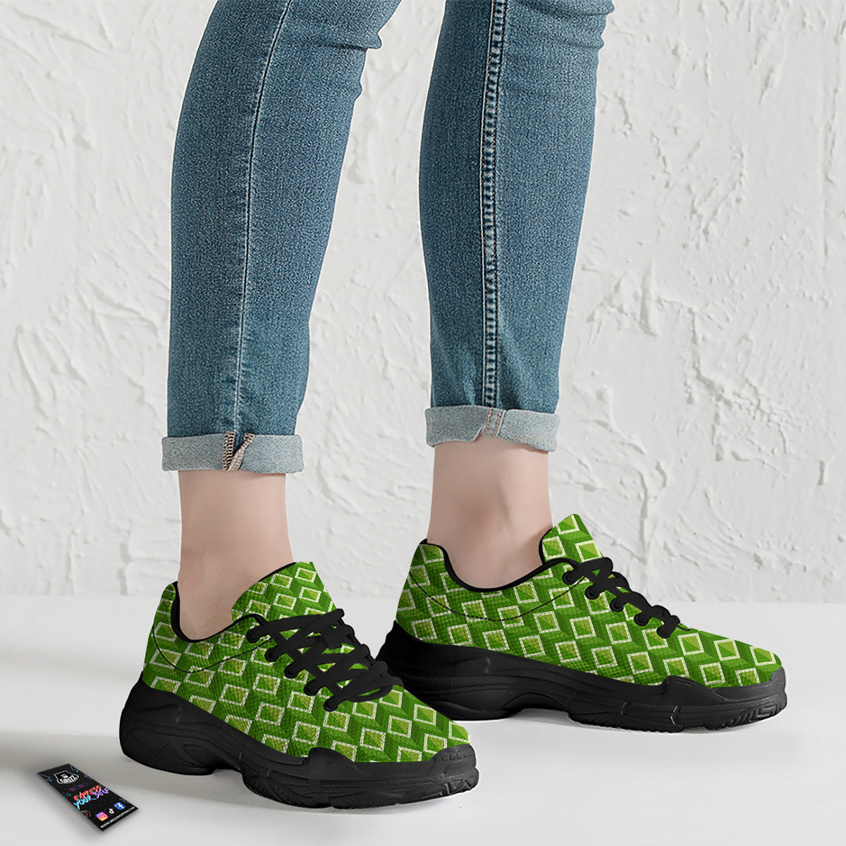 Geometric 3D Bamboo Print Pattern Black Chunky Shoes-grizzshop