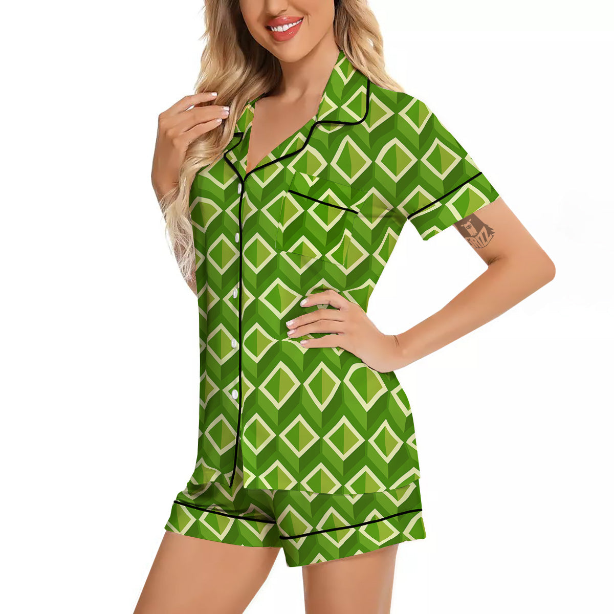 Geometric 3D Bamboo Print Pattern Women Silk Pajamas-grizzshop