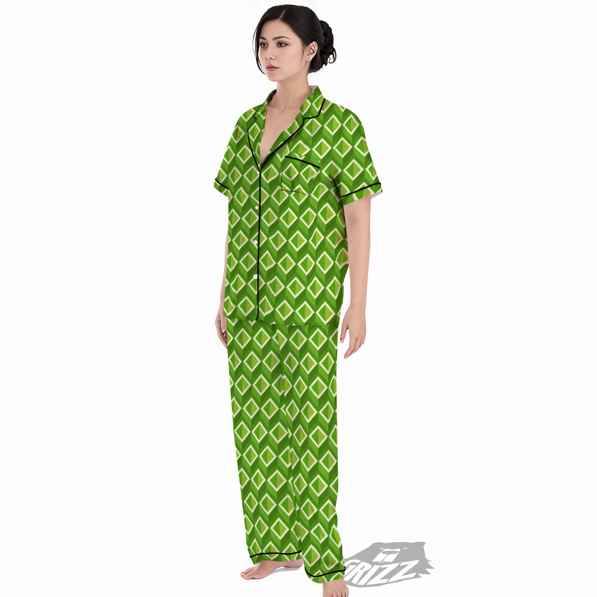 Geometric 3D Bamboo Print Pattern Women's Pajamas Set-grizzshop