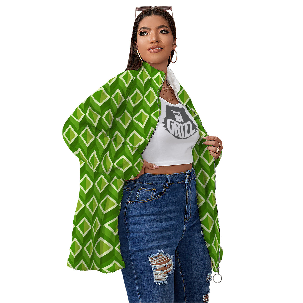 Geometric 3D Bamboo Print Pattern Women's Sherpa Jacket-grizzshop